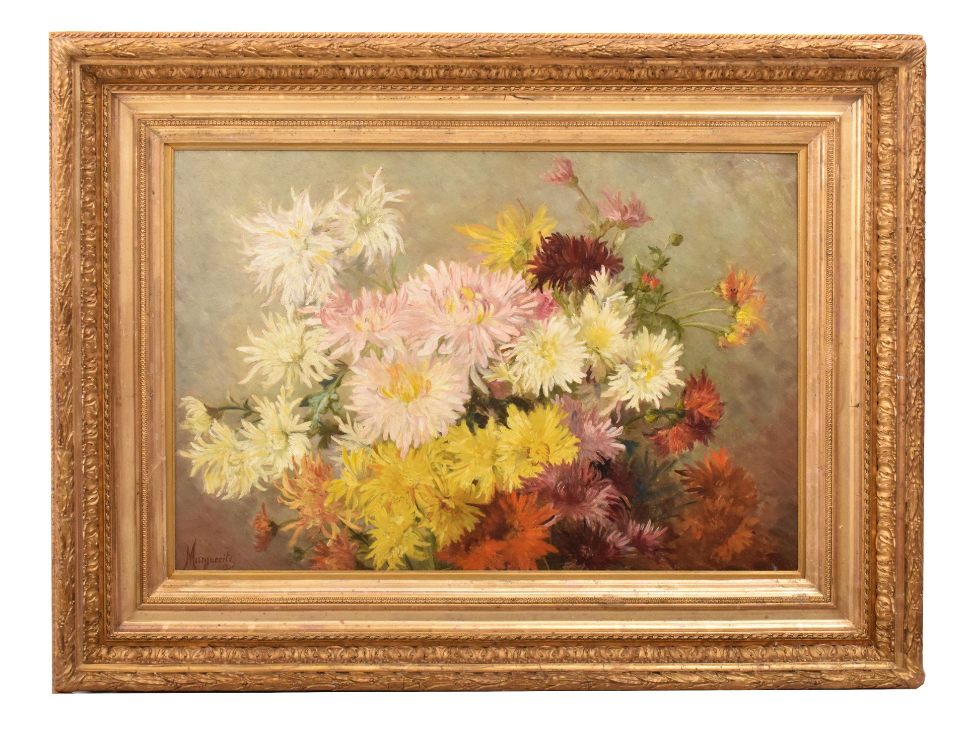 NATURA MORTA DI FIORI CON CRISANTEMI E MARGHERITE, QUADRI ANTICHI, OLIO SU TELA, XIX. (QF745)   